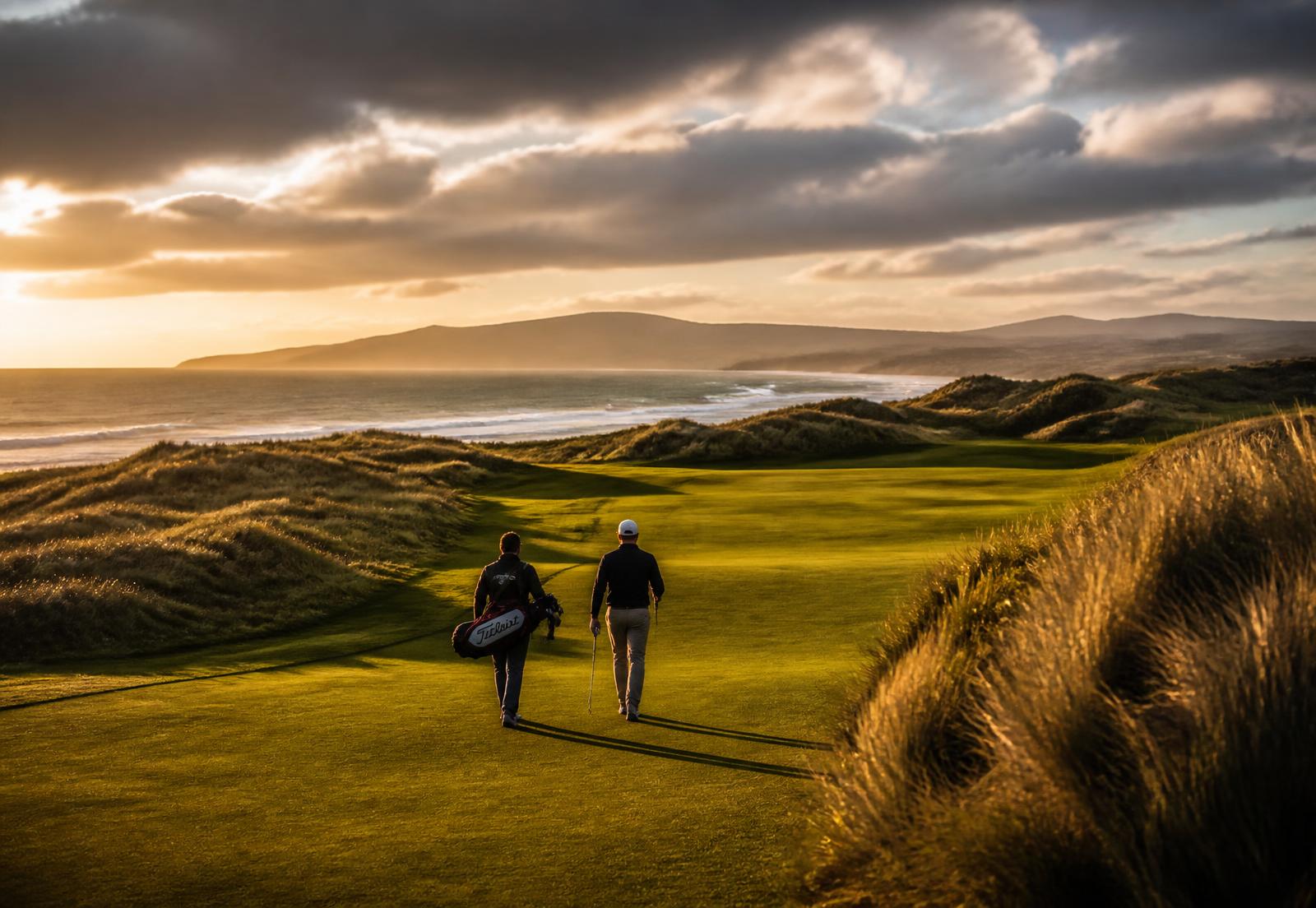 A caddie and golfer walking an Irish links fairway at sunset